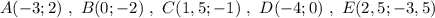 A(-3;2)\ ,\ B(0;-2)\ ,\ C(1,5;-1)\ ,\ D(-4;0)\ ,\ E(2,5;-3,5)