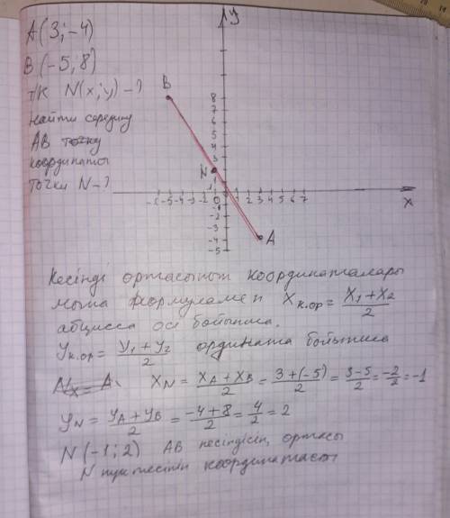 A(3; –4) және B(–5; 8) нүктелері берілсе, AB кесіндісінің ортасы болатын N нүктесінің координаттарын