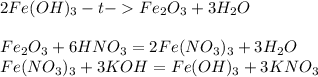 2Fe(OH)_{3} -t-Fe_2O_3+3H_2O\\\\Fe_2O_3+ 6HNO_3 =2 Fe(NO_3)_3+3H _2O\\Fe(NO_3)_3+3KOH=Fe(OH)_3+ 3KNO_3