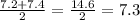 \frac{7.2 +7.4}{2} = \frac{14.6}{2} = 7.3