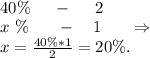 \\\ 40\%\ \ \ \ -\ \ \ \ 2\\\ \ \ x\ \%\ \ \ \ \ -\ \ \ 1 \ \ \ \ \ \Rightarrow\\ x=\frac{40\%*1}{2}=20\%.\\