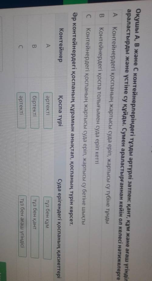 Оқушы A, B және C контейнерлеріндегі тұзды әртүрлі затпен: қант, құм және ағаш үгінділерімен араласт