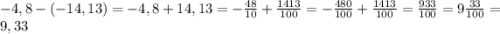 -4,8-(-14,13)=-4,8+14,13=-\frac{48}{10} +\frac{1413}{100} =-\frac{480}{100}+\frac{1413}{100} = \frac{933}{100} =9\frac{33}{100}=9,33