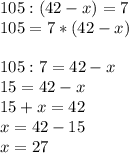 105:(42-x)=7\\105=7*(42-x)\\\\105:7=42-x\\15=42-x\\15+x=42\\x=42-15\\x=27