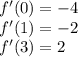 f'(0)=-4\\f'(1)=-2\\f'(3)=2