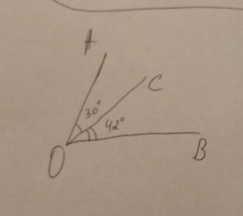 82. Луч ОС проходит внутри угла АОВ. Вычислите величину угла АОВ,если 3) <АОС=30°;<ВОС=42°​