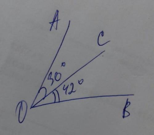 82. Луч ОС проходит внутри угла АОВ. Вычислите величину угла АОВ,если 3) <АОС=30°;<ВОС=42°​