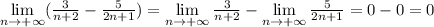 \lim\limits_{n\rightarrow+\infty}(\frac{3}{n+2}-\frac{5}{2n+1})=\lim\limits_{n\rightarrow+\infty}\frac{3}{n+2}-\lim\limits_{n\rightarrow+\infty}\frac{5}{2n+1}=0-0=0