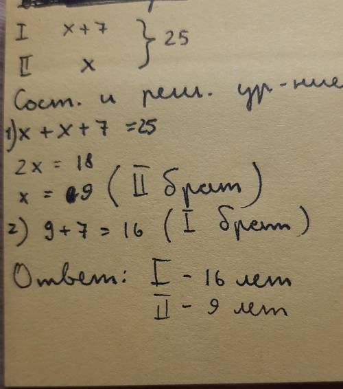 С уравнения реши задачу. Один брат старше второго на 7 лет. Суммарный возраст обоих братьев равен 25