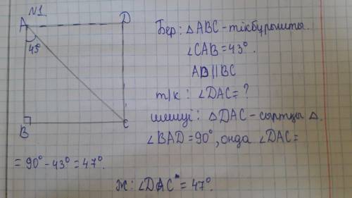 В бұрышы тік болатын АВС үшбұрышында САВ=43° және АD||BC болса,DAC бұрышын табыңыз​