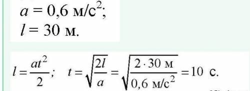 Тыныштық қалпынан 0,6 м/с2 үдеумен қозғала бастаған автомобиль, қанша уақыт ішінде 30 м жол жүреді?