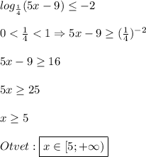 log_{\frac{1}{4}}(5x-9)\leq -2\\\\0