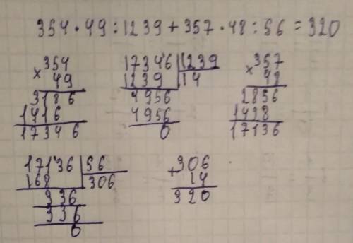 354*49:1239+357*48:56= решите столбиком