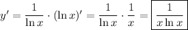 y'=\dfrac{1}{\ln x} \cdot (\ln x)'=\dfrac{1}{\ln x} \cdot \dfrac{1}{x} =\boxed{\dfrac{1}{x\ln x}}