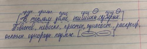 разобрать синтаксически предложение (В теплом доме тишина, сумрак)​