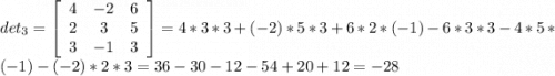 det_{3}= \left[\begin{array}{ccc}4&-2&6\\2&3&5\\3&-1&3\end{array}\right] = 4*3*3 + (-2)*5*3 + 6*2*(-1) - 6*3*3 - 4*5*(-1) - (-2)*2*3 = 36 - 30 - 12 - 54 + 20 + 12 = -28