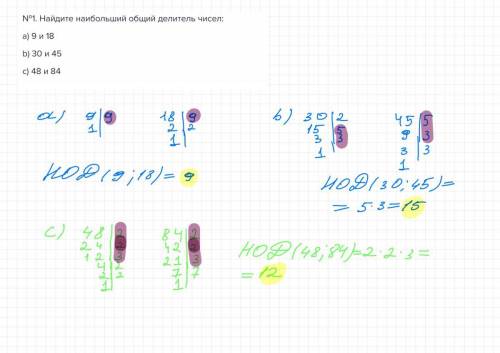 №1. Найдите наибольший общий делитель чисел:a) 9 и 18b) 30 и 45c) 48 и 84​