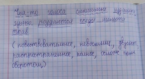 Разберите предложения и напишите характеристику: Чьи-то голоса слышимые издалека, гулко раздаются ср