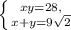 \left \{ {{xy=28}, \atop {x+y=9\sqrt{2}}} \right.