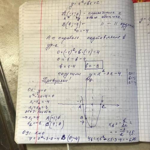 график функции y=x²+bx+c пересекается с осью абцисс в точке A(-1:0)и ординат в точке C(0:-4) найдите