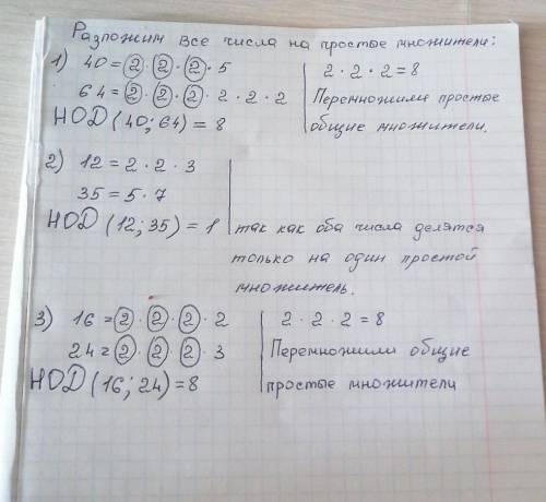 Найди наименьший общий делитель чисел 1)40 и 64 2)12 и 35 3)16 и 24​