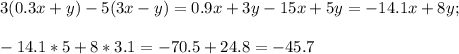 3(0.3x+y)-5(3x-y) = 0.9x+3y-15x+5y = -14.1x+8y;\\\\-14.1*5+8*3.1 = -70.5+24.8 = -45.7