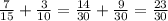 \frac{7}{15} + \frac{3}{10} = \frac{14}{30} + \frac{9}{30} = \frac{23}{30}