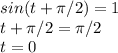 sin(t+\pi /2)=1\\t+\pi /2=\pi /2\\t = 0