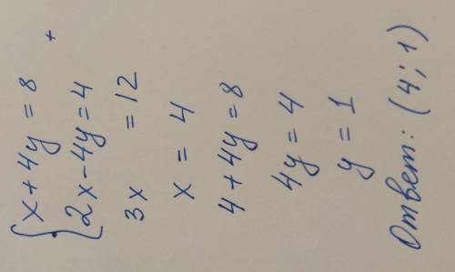 Решите систему уравнений x+4y=8; 2x-4y=4.​