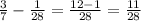 \frac{3}{7} -\frac{1}{28} =\frac{12-1}{28}=\frac{11}{28}