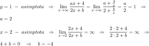 y=1\ -\ asimptota\ \ \Rightarrow \ \ \lim\limits _{x \to \infty}\dfrac{ax+4}{2x+b}= \lim\limits _{x \to \infty}\dfrac{a+\frac{4}{x}}{2+\frac{b}{x}}=\dfrac{a}{2}=1\ \ \Rightarrow \\\\a=2\\\\ x=2\ -\ asimptota\ \ \Rightarrow \ \ \lim\limits _{x \to 2}\dfrac{2x+4}{2x+b}=\infty \ \ \Rightarrow \ \ \dfrac{2\cdot 2+4}{2\cdot 2+b}=\infty \ \ \Rightarrow \\\\4+b=0\ \ \ \Rightarrow \ \ \ b=-4