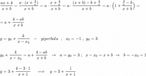 \dfrac{ax+4}{x+b}=\dfrac{a\cdot (x+\frac{4}{a})}{x+b}=a\cdot \dfrac{x+\frac{4}{a}}{x+b}=a\cdot \dfrac{(x+b)-b+\frac{4}{a}}{x+b}=a\cdot \Big(1+\dfrac{\frac{4}{a}-b}{x+b}\Big)=\\\\\\=a+\dfrac{4-ab}{x+b}\\\\\\y=y_0+\dfrac{k}{x-x_0}\ \ -\ \ giperbola\ \ ,\ \ x_0=-1\ ,\ y_0=3\\\\\\y_0+\dfrac{k}{x-x_0}=a+\dfrac{4-ab}{x+b}\ \ \to \ \ a=y_0=3\ ;\ \ x-x_0=x+b\ \to \ \ b=-x_0=1\\\\\\y=3+\dfrac{4-3\cdot 1}{x+1}\ \ \ \ \Longrightarrow \ \ \ y=3+\dfrac{1}{x+1}