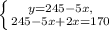 \left \{ {{y=245-5x}, \atop {245-5x+2x=170}} \right.