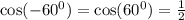 \cos( - 60^{0} ) = \cos( 60^{0} ) = \frac{1}{2}