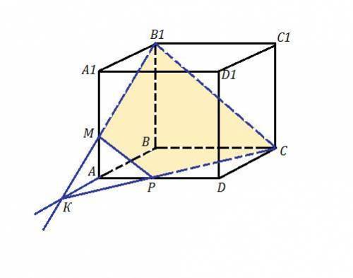 Побудуйте переріз куба площиною,яка проходить через точки:М,В1,С. Точка М лежить між точками А і А1