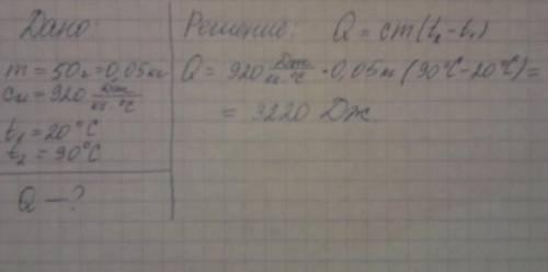 Рассчитайте количество теплоты необходимо для нагревании алюминевый ложки массой 50 г от 20 до 90°