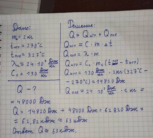 Какое количество теплоты надо передать свинцовому бруску массой 2 кг, взятому при температуре 270С,