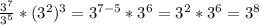 \frac{3^{7}}{3^{5}} * (3^{2})^{3}=3^{7-5} *3^{6}=3^{2}*3^{6}=3^{8}