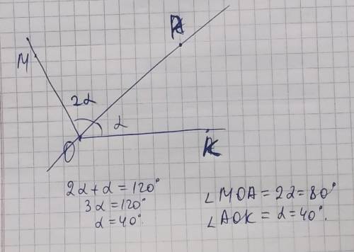 Угол МОК ,равный 120 ,разделен лучом ОА на два угла,ГРадусная мера угла МОА в 2 раза больше градусно