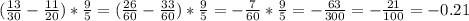 (\frac{13}{30} -\frac{11}{20} )*\frac{9}{5} =(\frac{26}{60} -\frac{33}{60} )*\frac{9}{5} =-\frac{7}{60} *\frac{9}{5} =-\frac{63}{300} =-\frac{21}{100} =-0.21