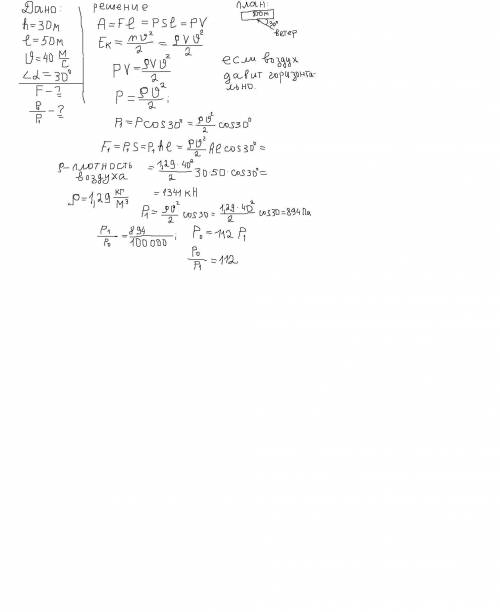 определите силу давления угарного ветра на стену дома высотой 30 м и длиной 50 м. скорость ветра дос