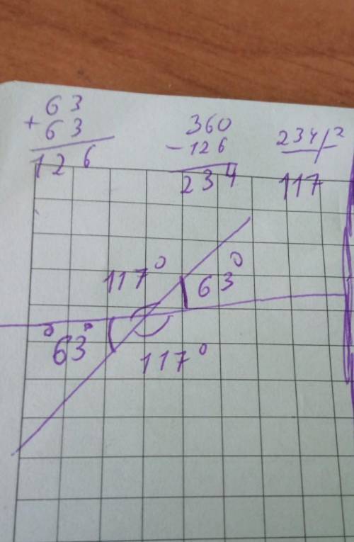Один з кутів, утворених при перетині двох прямих, дорівнюе 63°. Знайдіть градусні міри решти кутів