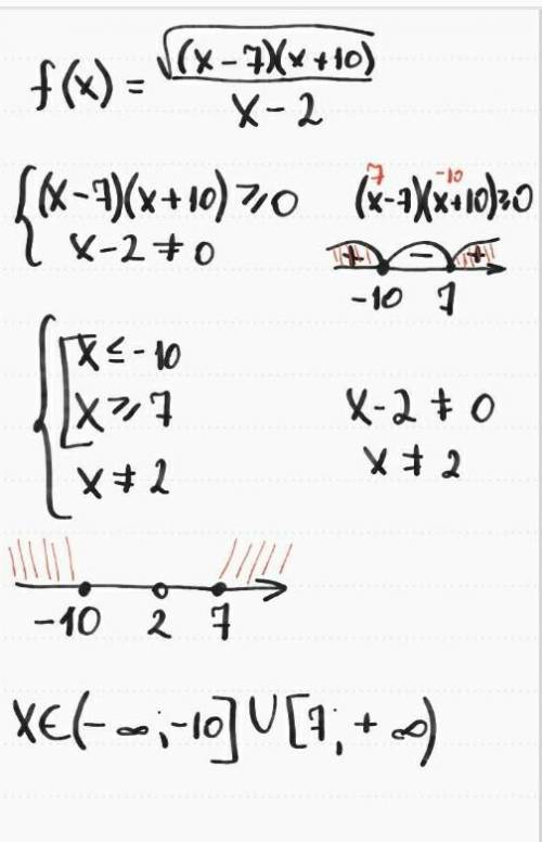 максимально подробно .Найдите область определения функции: F(x) = √(x-7)(x+10)/x-2