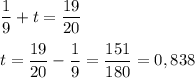 \dfrac{1}{9} + t = \dfrac{19}{20} \\\\t = \dfrac{19}{20} - \dfrac{1}{9} = \dfrac{151}{180} = 0,838