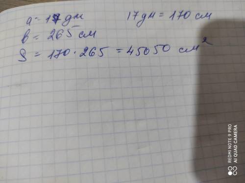 А) Найди плодаде меньшо длинамоугольника, если его длина 17 дм,265а ширина​