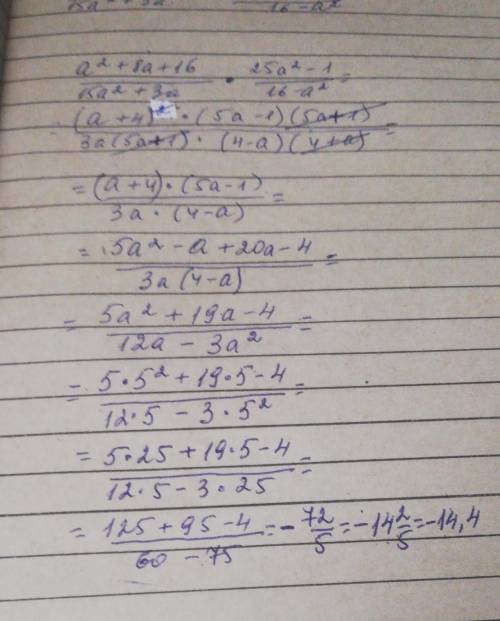 A²+8a+16)/15a²+3a * 25a²-1/16-a² при а=5​