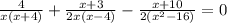 \frac{4}{x(x+4)}+\frac{x+3}{2x(x-4)}-\frac{x+10}{2(x^2-16)} =0