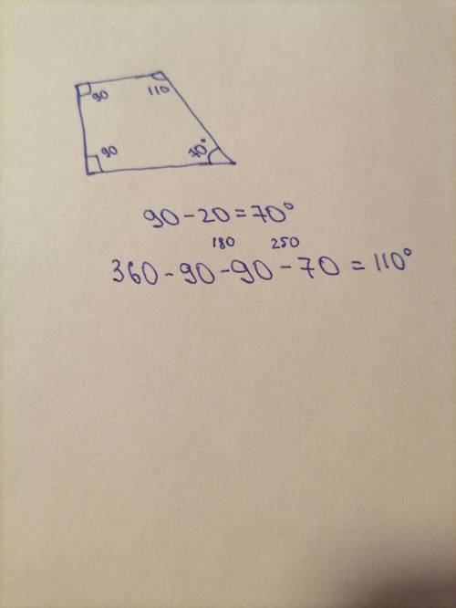 2)Найдите углы прямоугольной трапеции, если разность углов при большем ее основании 20 градусов ​