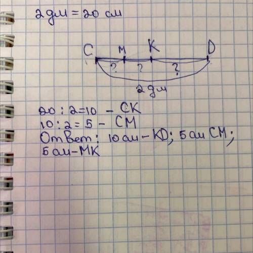 Точка К середина отрезка СD точка М середина отрезка СК найдите СМ МК КDесли СD=2дм​