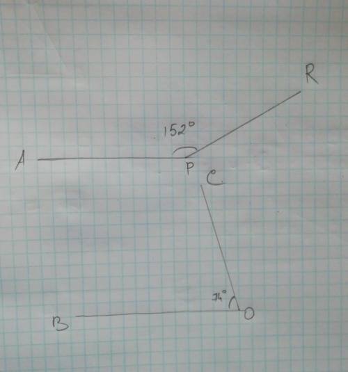 Побудуйте: 1) кут APR, градусна міра якого дорів-нює 152,2) кут Вос, градусна міра якого дорівнює 74